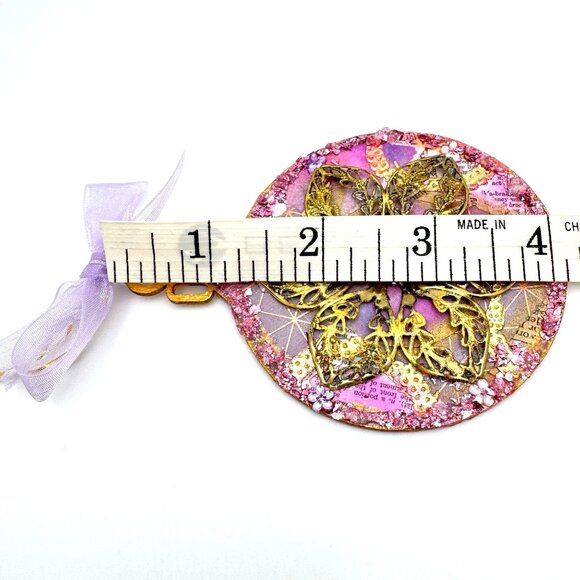 Handcrafted Ornament OOAK Vintage-Inspired Collage Gold Flower & Purple Accents - Picture 7 of 7